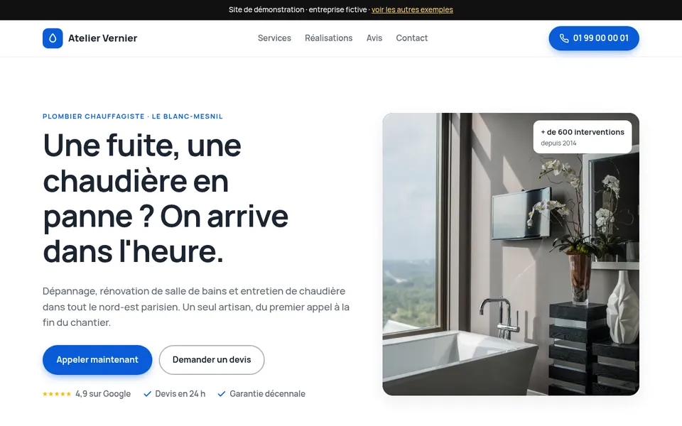 Après : site moderne, numéro de téléphone en bouton, grande photo, avis clients